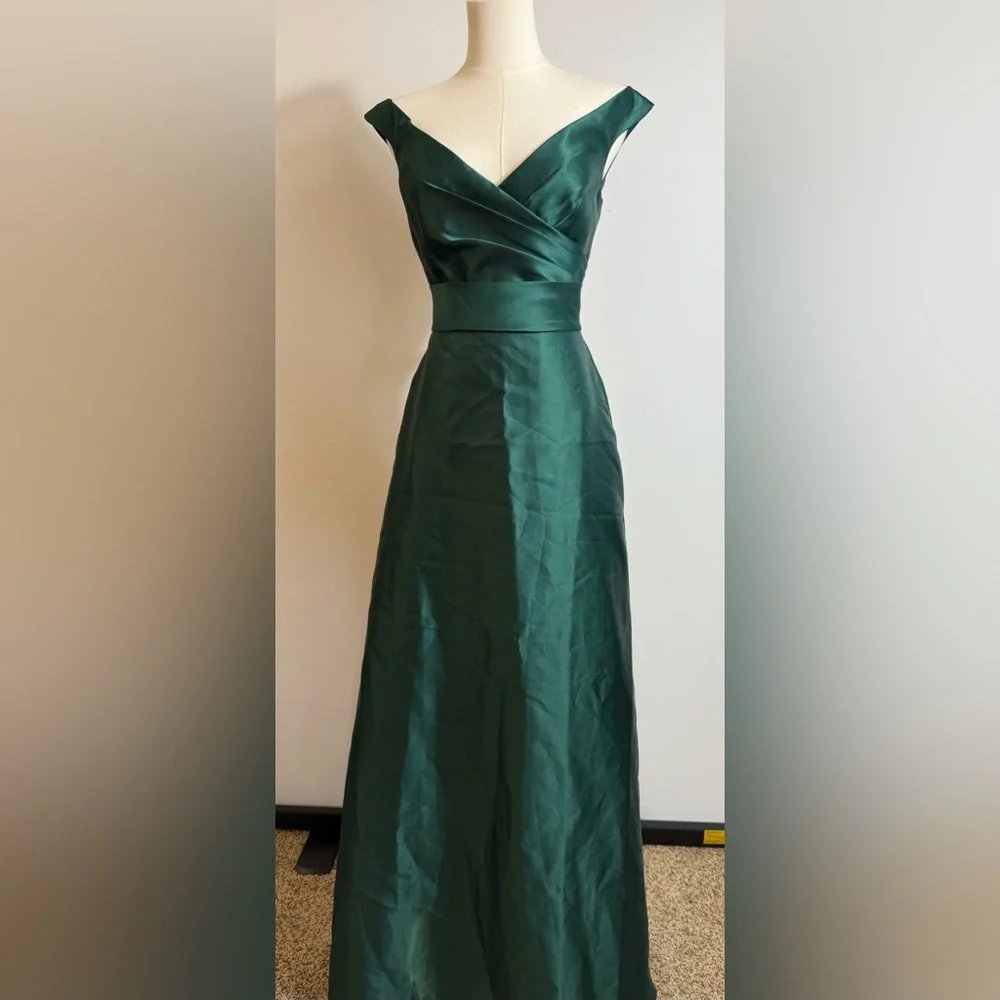 New! Alfred Sung D811S Hunter Green Off Shoulder Draped Wrap Satin‎ Maxi Dress 4 - Picture 3 of 5